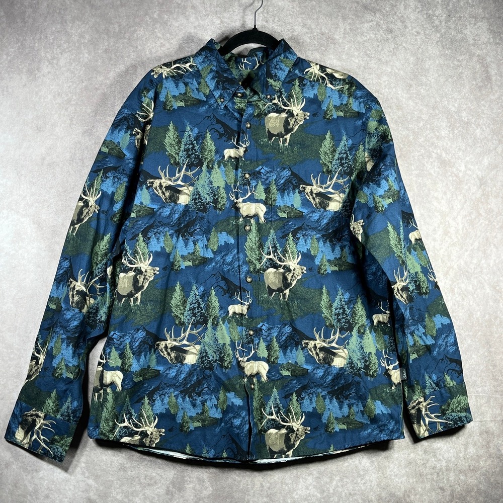 NEW Cabela's Shirt Men Large Blue Elk Print Button Down Long Sleeve Chest Pocket